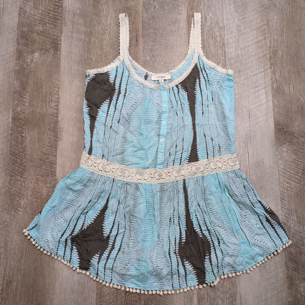 Umgee Turquoise Sleeveless Top Pom pom hemline